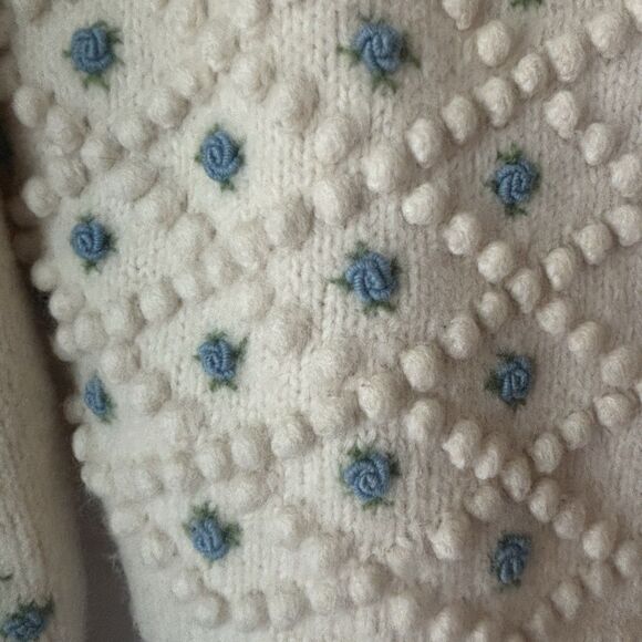 Vintage 40s 50s Wool Popcorn Knit Cardigan Sweater Cropped S Blue Floral Buttons - Picture 8 of 16
